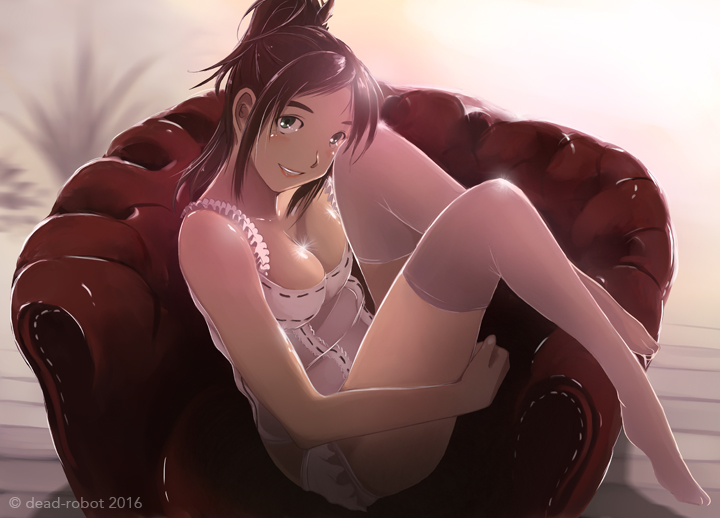 1girl 2016 artist_name backlighting bare_arms bare_shoulders blush breasts brown_hair camisole cleavage collarbone couch dead-robot full_body green_eyes legs_up long_hair looking_at_viewer medium_breasts on_couch original parted_lips pink_legwear pink_lips ponytail sitting sleeveless smile solo sparkle teeth thigh-highs thighs wooden_floor