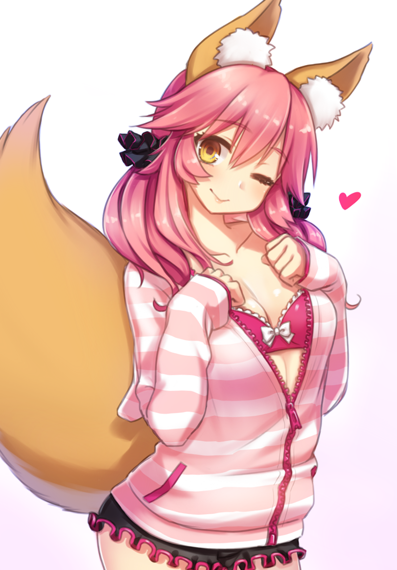 1girl ;) animal_ears black_skirt breasts caster_(fate/extra) cleavage collarbone colored_stripes fate/grand_order fate_(series) fox_ears fox_tail hair_ornament hair_scrunchie hands_on_own_chest head_tilt heart horizontal_stripes kou_(garakuta_teikoku) long_sleeves medium_breasts miniskirt one_eye_closed pink_hair pink_jacket pocket scrunchie skirt smile solo standing striped tail yellow_eyes zipper