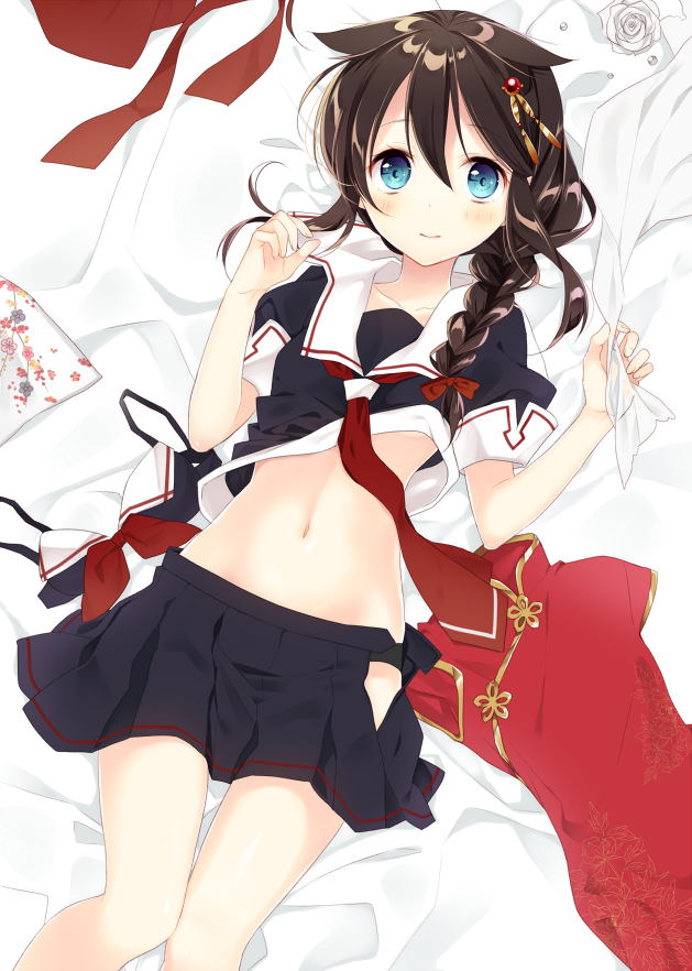 1girl bed_sheet bikini_top black_hair black_panties blue_eyes blush braid breasts china_dress chinese_clothes clothes_removed collarbone dress flower hair_between_eyes hair_flaps hair_ornament hair_over_shoulder hairpin kantai_collection light_smile looking_at_viewer lying midriff naoto_(tulip) navel on_back on_bed open_clothes open_skirt panties pleated_skirt red_ribbon remodel_(kantai_collection) ribbon school_uniform serafuku shigure_(kantai_collection) shirt_lift short_sleeves single_braid skirt small_breasts solo stomach underwear