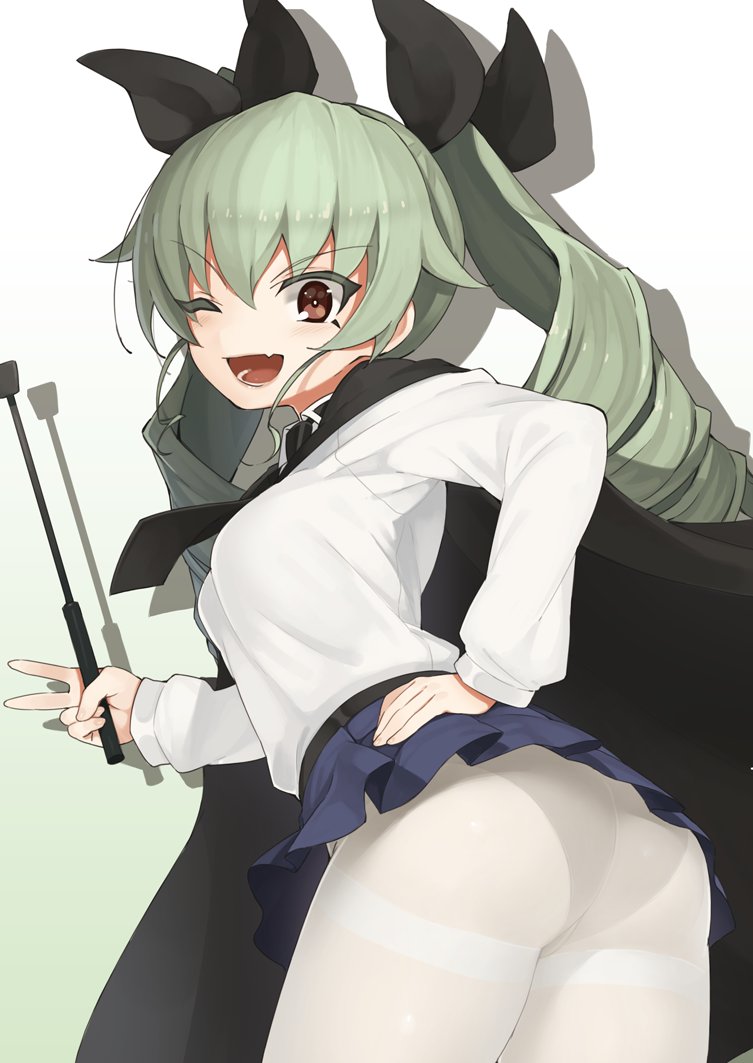 1girl ;d anchovy ass blouse blue_skirt breasts cape colored_eyelashes crotch_seam drill_hair fang girls_und_panzer green_hair hair_ribbon hand_on_hip leaning_forward long_hair long_sleeves looking_at_viewer miniskirt one_eye_closed open_mouth panties panties_under_pantyhose pantyhose pleated_skirt red_eyes ribbon school_uniform see-through seramikku skirt small_breasts smile solo thighband_pantyhose thighs twin_drills twintails underwear v white_blouse white_legwear