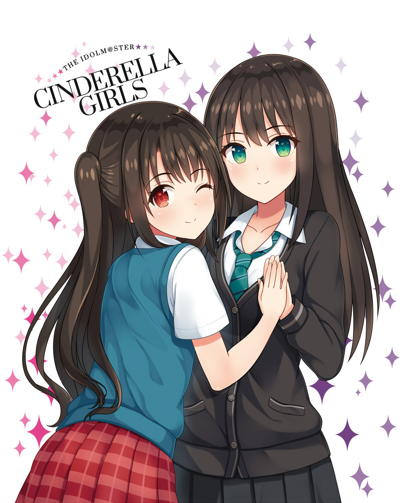 2girls ;) blush brown_eyes brown_hair cardigan green_eyes hands_together holding_hands idolmaster idolmaster_cinderella_girls long_hair multiple_girls necktie one_eye_closed one_side_up plaid plaid_skirt school_uniform shibuya_rin shimamura_uzuki shuuichi skirt smile sweater_vest