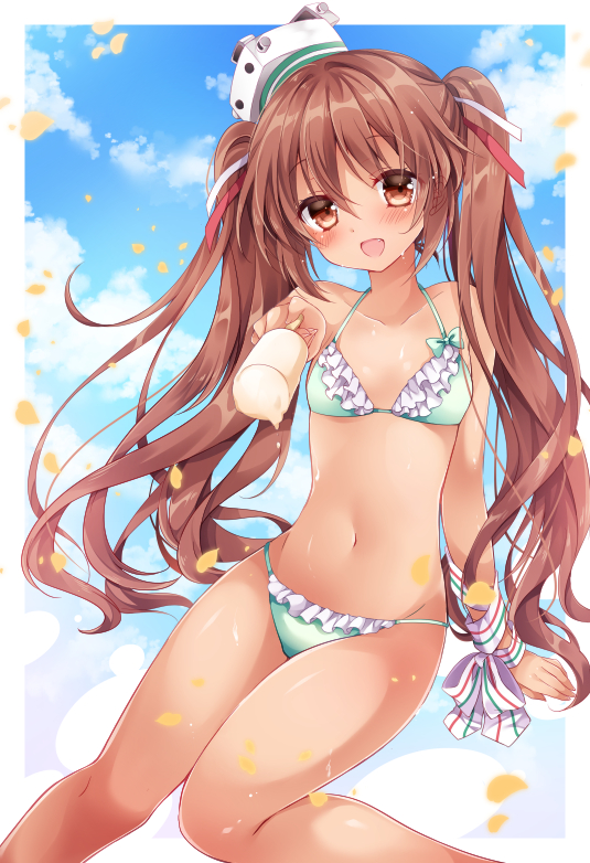 1girl arm_support bare_shoulders bikini blush breasts brown_eyes brown_hair collarbone fang frilled_bikini frills green_bikini hair_ribbon hat kantai_collection libeccio_(kantai_collection) long_hair looking_at_viewer navel nogi_takayoshi open_mouth popsicle pov_feeding ribbon sitting small_breasts smile solo swimsuit twintails wrist_ribbon