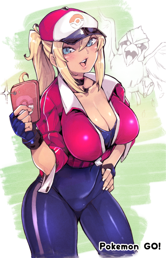 1girl baseball_bat blonde_hair blue_eyes breasts cellphone cleavage female_protagonist_(pokemon_go) fingerless_gloves gloves hat kamaboko_(ossann0125) large_breasts long_hair looking_at_viewer phone pidgeotto pokemon pokemon_go ponytail smartphone smile solo thighs