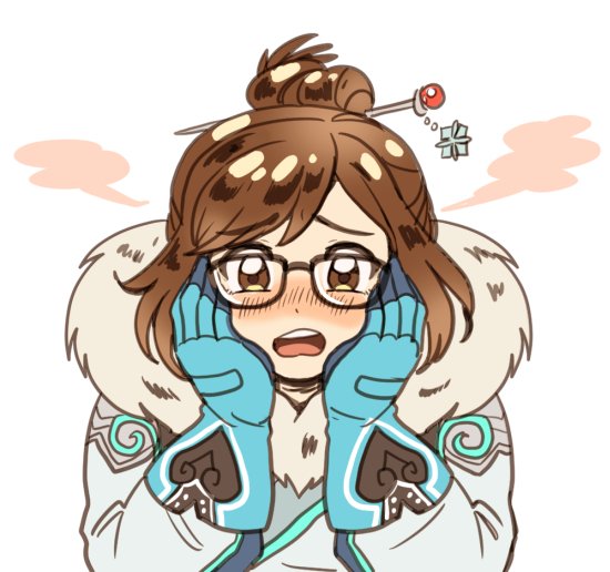1girl bangs beads black-framed_eyewear blue_gloves blush coat derivative_work embarrassed eyebrows eyebrows_visible_through_hair fur-lined_jacket fur_coat fur_trim glasses gloves hair_bun hair_ornament hair_stick hands_on_own_cheeks hands_on_own_face looking_at_viewer mei_(overwatch) open_mouth overwatch panza parka short_hair sidelocks simple_background snowflake_hair_ornament solo swept_bangs teeth upper_body white_background winter_clothes winter_coat