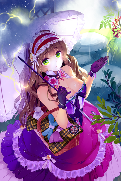 1girl basket breasts brown_hair cleavage detached_collar dress frilled_umbrella gloves green_eyes hairband lace-trimmed_dress lolita_fashion lolita_hairband long_hair looking_up medium_breasts purple_gloves rain rozer solo strapless strapless_dress umbrella upset wavy_hair