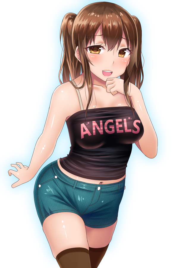 1girl blush breasts brown_eyes brown_hair clothes_writing glowing long_hair navel open_mouth original plump sakaura_(layer255) shorts simple_background solo thigh-highs twintails