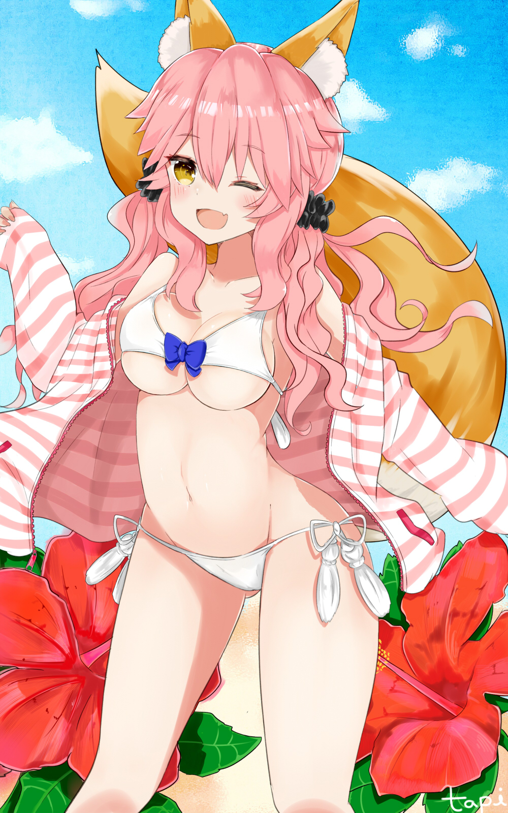 1girl animal_ears bikini caster_(fate/extra) fang fate/extra fate_(series) flower fox_ears fox_tail hibiscus highres jacket one_eye_closed pink_hair solo standing swimsuit tail tapi_(tapiest) yellow_eyes