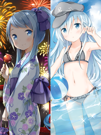 2girls aerial_fireworks alternate_costume aqua_eyes aqua_hair ball beachball bikini blush bow breasts candy_apple cleavage fireworks flat_cap frilled_bikini frills from_side hair_bow hair_tucking hat hibiki_(kantai_collection) kantai_collection kinchaku light_smile multiple_girls navel ponytail samidare_(kantai_collection) side-tie_bikini sidelocks small_breasts summer_festival swimsuit wataame27