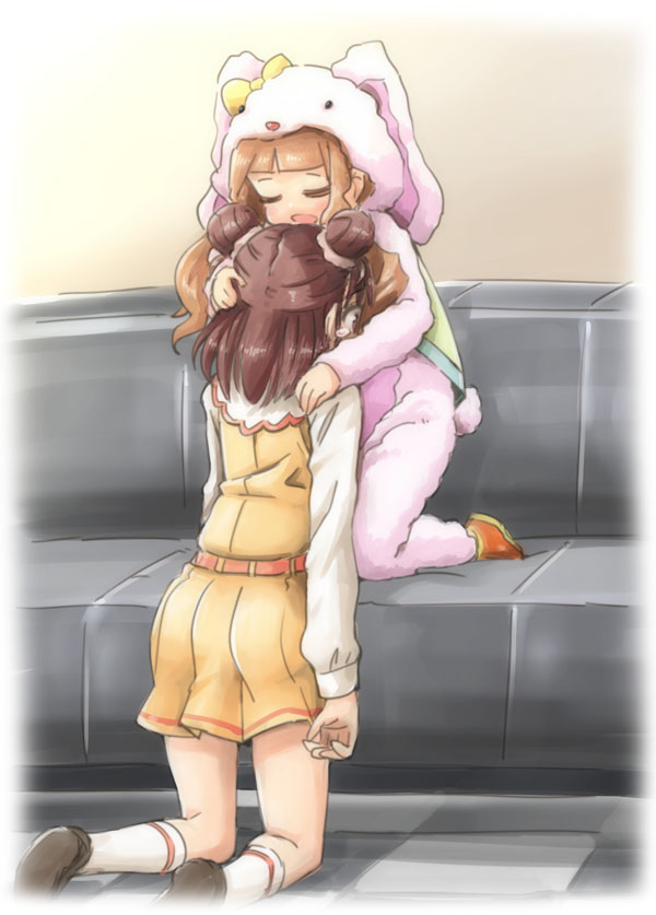 2girls =_= animal_costume belt bow brown_hair checkered checkered_floor closed_eyes comforting couch crying crying_with_eyes_open double_bun dress head_in_chest ichihara_nina idolmaster idolmaster_cinderella_girls kou_oishi long_hair multiple_girls munakata_atsumi open_mouth short_hair socks tears