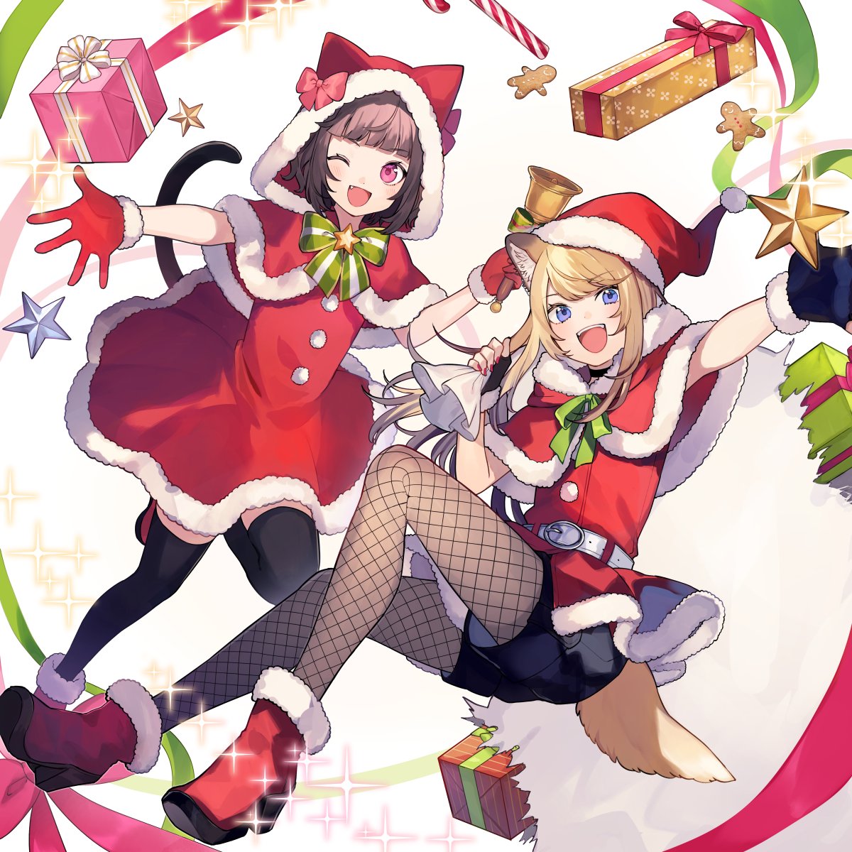 2girls :d ;d animal_ears animal_hood ankle_boots bangs bell belt black_gloves black_legwear blonde_hair blue_eyes blunt_bangs bob_cut boots bow brown_hair capelet cat_hood cat_tail christmas coat commentary_request dog_ears dog_tail dress eyebrows_visible_through_hair fang fingerless_gloves fishnet_legwear fishnets floating fur-trimmed_capelet fur-trimmed_dress fur-trimmed_footwear fur_trim gift gingerbread_man gloves green_bow green_ribbon hat high_heel_boots high_heels highres holding holding_bell holding_sack hood hood_down hooded_capelet kmnz leg_up legwear_under_shorts long_hair looking_at_viewer mc_lita mc_liz multiple_girls one_eye_closed open_mouth over_shoulder pantyhose reaching_out red_capelet red_coat red_dress red_footwear red_gloves red_headwear red_ribbon ribbon sack santa_costume santa_dress santa_gloves santa_hat short_dress short_hair shorts shugao smile sparkle star_(symbol) tail thigh-highs violet_eyes white_belt