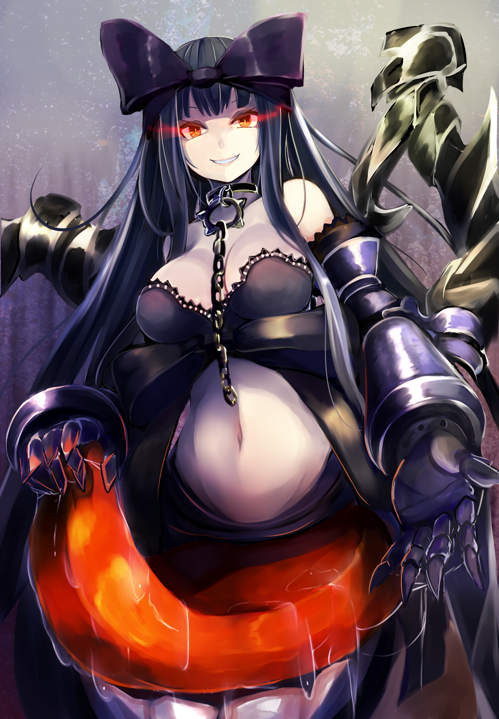 1girl bare_shoulders black_bow black_hair bow breasts chain choker claws glowing glowing_eyes gothic_lolita hair_bow highres irohasu kantai_collection large_breasts lolita_fashion long_hair looking_at_viewer navel pale_skin red_eyes seaplane_tender_hime shinkaisei-kan smile solo white_skin