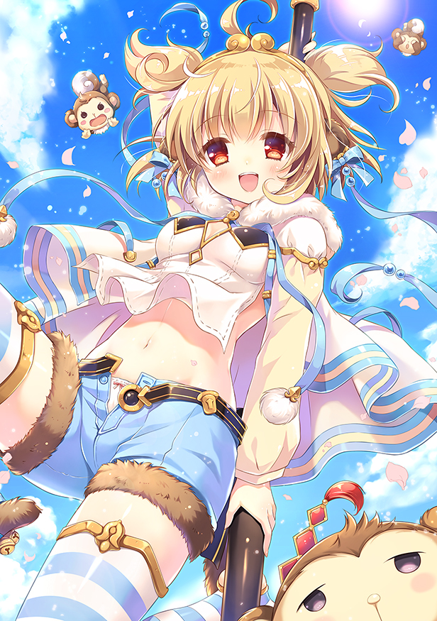 1girl :d ahoge alternate_breast_size anchira_(granblue_fantasy) animal blonde_hair blue_ribbon blush bow bow_panties breasts cherry_blossoms cleavage cleavage_cutout clouds cloudy_sky cutout diamond_(shape) earrings erun_(granblue_fantasy) fur granblue_fantasy hairband holding hood hoodie jewelry lens_flare light_particles long_sleeves monkey monkey_ears monkey_girl monkey_tail navel open_fly open_mouth ozawa_yuu panties petals red_eyes ribbon short_hair sky smile solo striped striped_legwear sun thigh-highs two_side_up underwear white_panties zettai_ryouiki