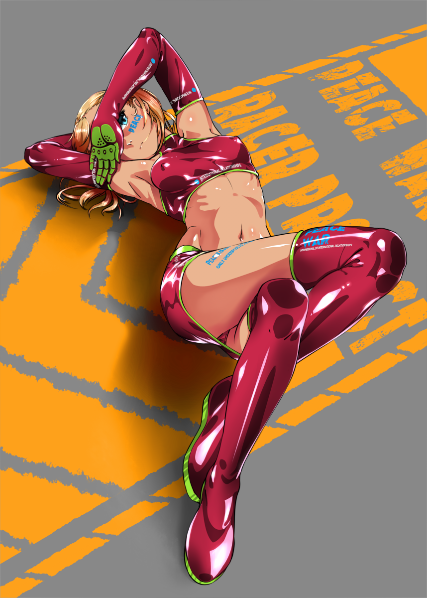 1girl armpits arms_up blonde_hair blue_eyes body_writing boots breasts closed_mouth covered_nipples covering_face crop_top crossed_legs elbow_gloves english face_painting full_body gloves haikeb89 highres lying midriff navel on_back original pencil_skirt ribs shiny shiny_skin skirt tan thigh-highs thigh_boots
