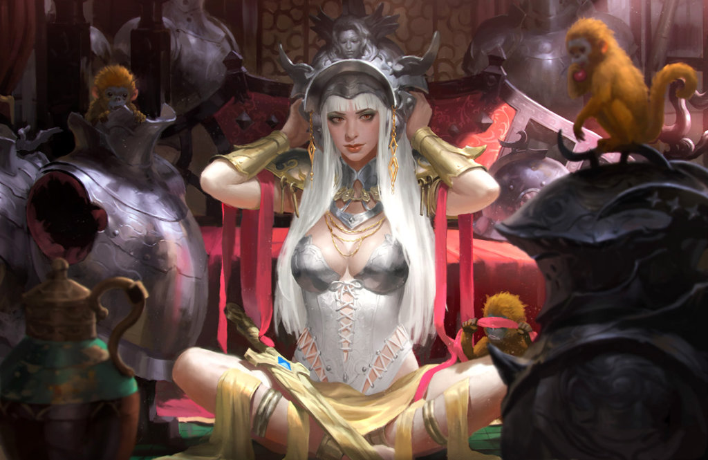 1girl armor breastplate breasts cleavage commentary eyeshadow fantasy gorget headgear indian_style jewelry kilart long_hair makeup medium_breasts monkey necklace original pauldrons realistic red_eyes silver_hair sitting solo sword vambraces weapon