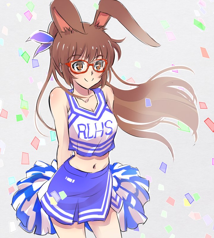 1girl animal_ears breasts brown_eyes brown_hair cheerleader clothes_writing confetti glasses hair_ornament iesupa long_hair looking_at_viewer navel pom_poms ponytail rabbit_ears rwby smile solo velvet_scarlatina