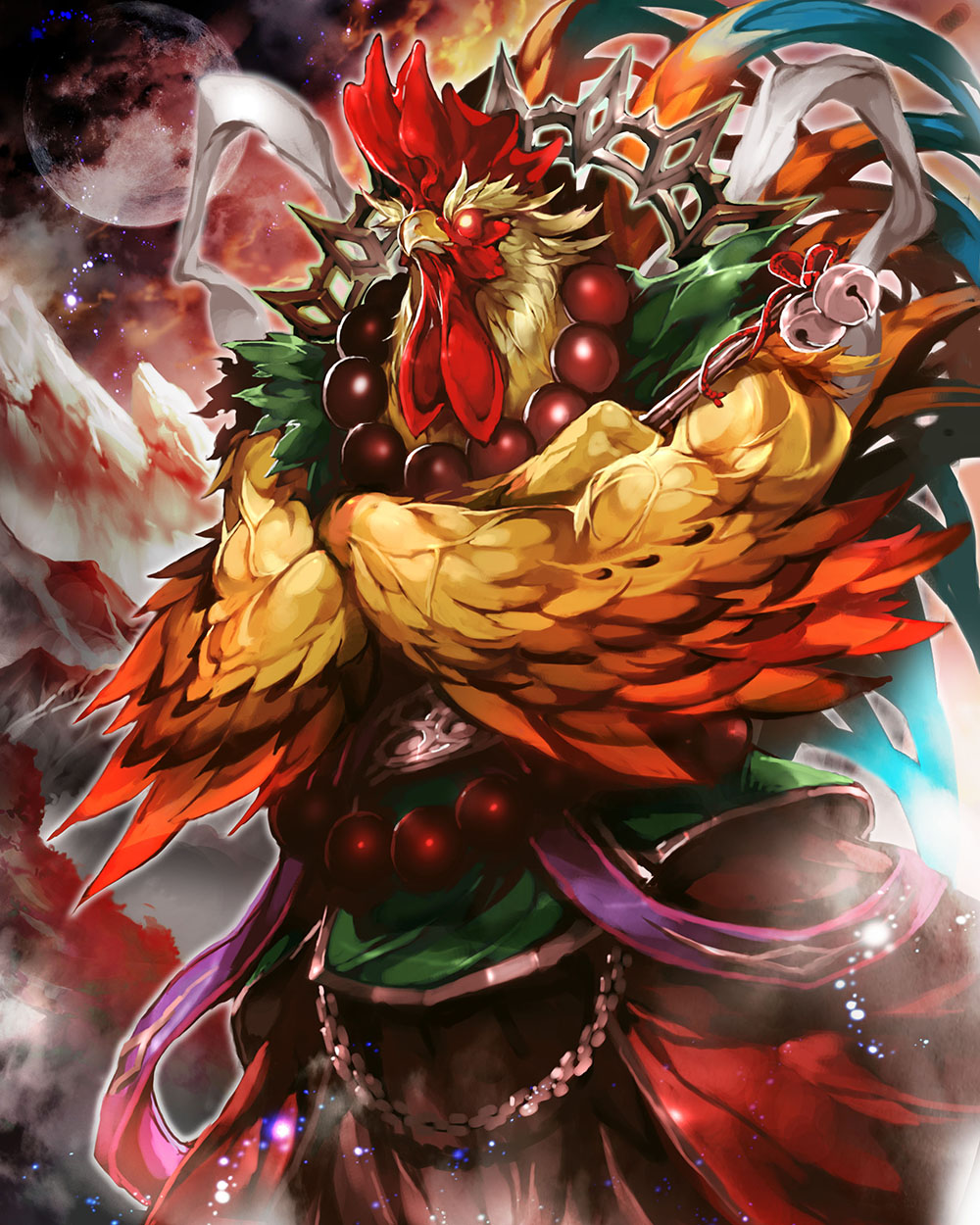 bell bird chicken crossed_arms fufuhol glowing glowing_eyes highres jewelry jingle_bell moon necklace no_humans rooster standing tenkuu_no_crystalia