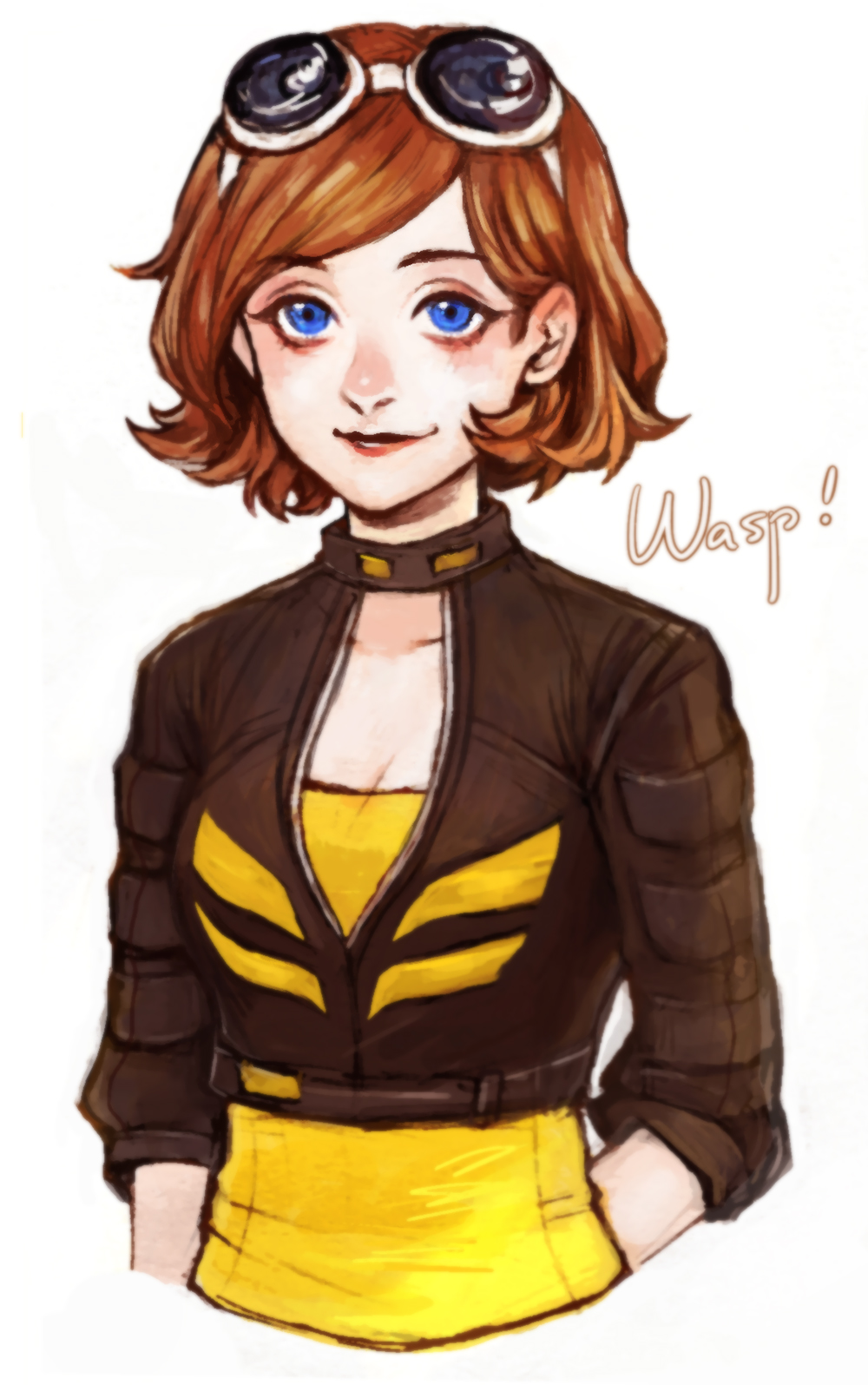 1girl arm_behind_back avengers_academy blue_eyes breasts brown_hair cleavage goggles goggles_on_head highres jacket janet_van_dyne marvel smile solo tatsuko_(chenzi) upper_body wasp_(marvel)