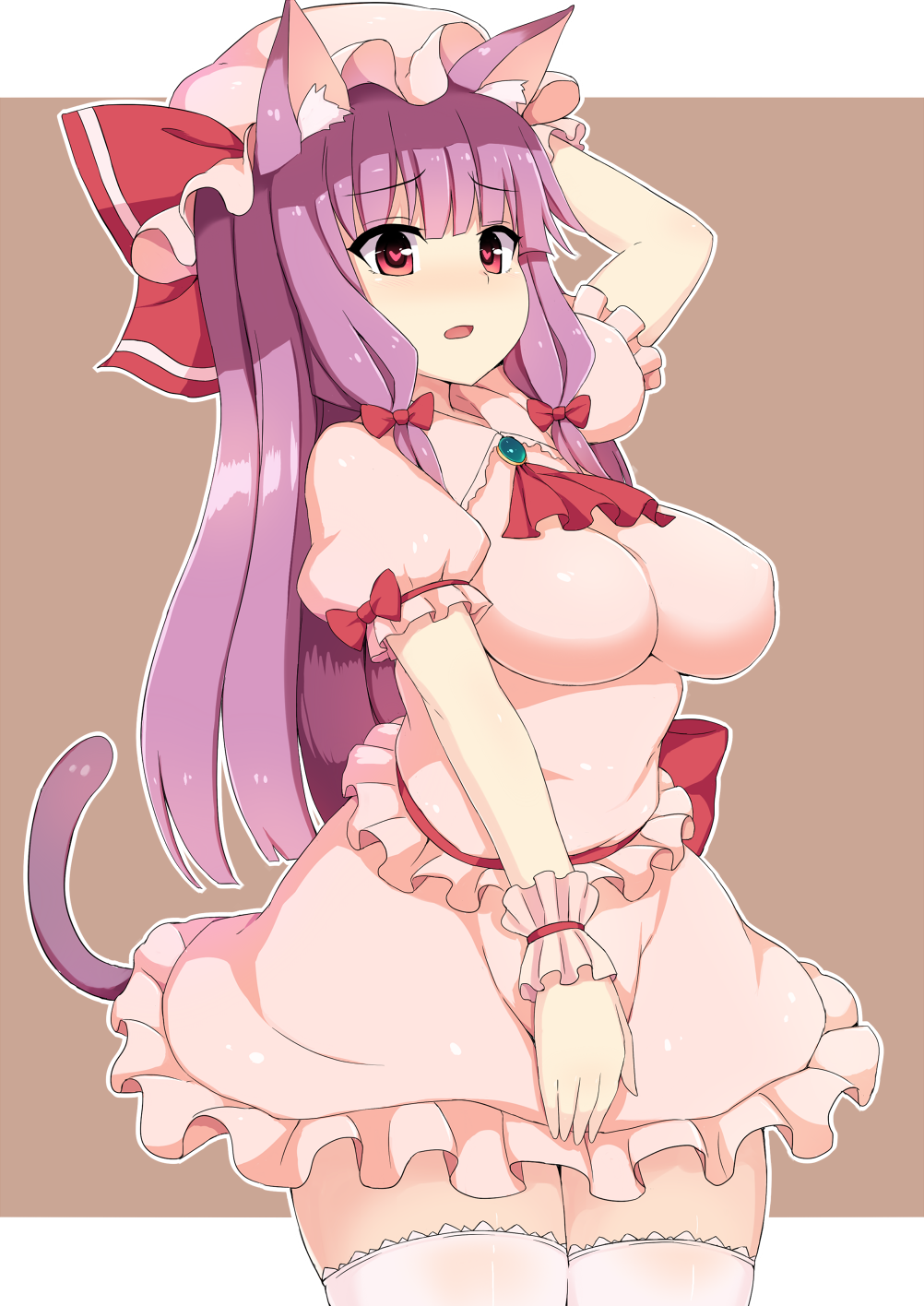 1girl animal_ears bow breasts brooch cat_ears cat_tail cosplay cowboy_shot hair_bow hat hat_ribbon heart heart-shaped_pupils highres impossible_clothes jewelry kemonomimi_mode long_hair medium_breasts miniskirt ocha_(ochappie) patchouli_knowledge puffy_short_sleeves puffy_sleeves purple_hair red_bow red_eyes red_ribbon remilia_scarlet remilia_scarlet_(cosplay) ribbon short_sleeves sidelocks simple_background skirt solo standing symbol-shaped_pupils tail thigh-highs thighs touhou white_legwear wrist_cuffs zettai_ryouiki