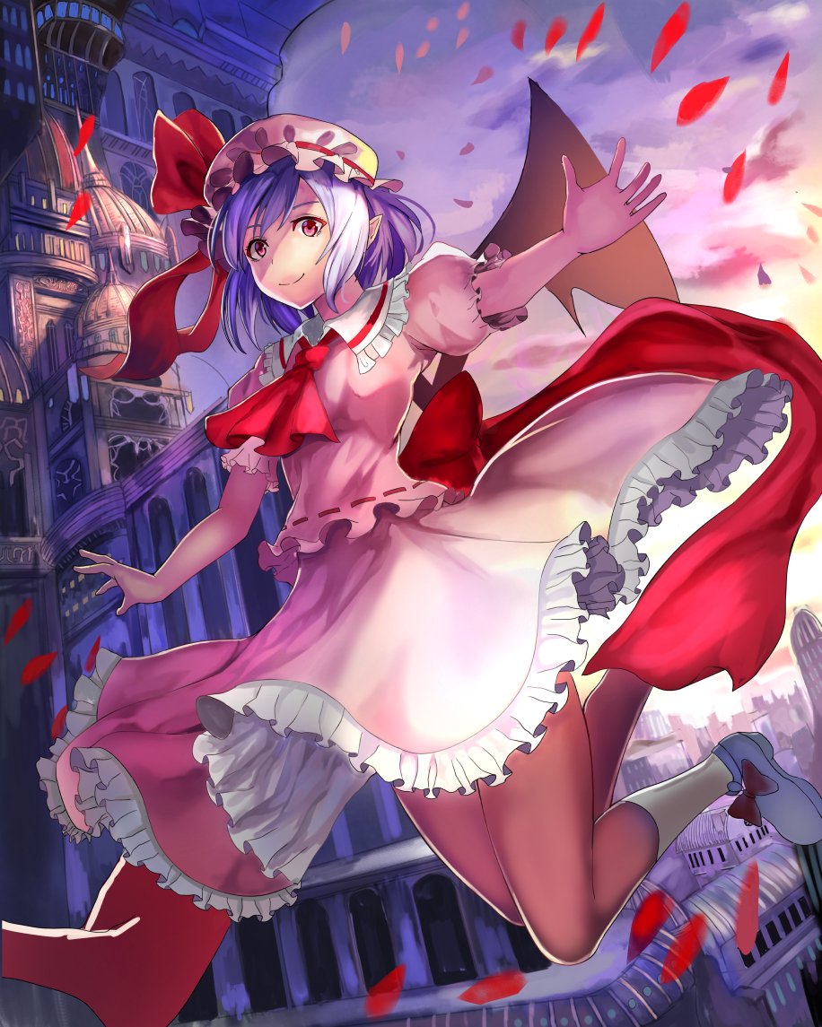 1girl aa44 architecture ascot bat_wings bent_knees building cityscape dress floating full_body gothic_architecture hair_between_eyes hair_ribbon hat lavender_hair looking_at_viewer mob_cap pink_dress pointy_ears red_eyes remilia_scarlet ribbon short_hair smile solo touhou vampire wings