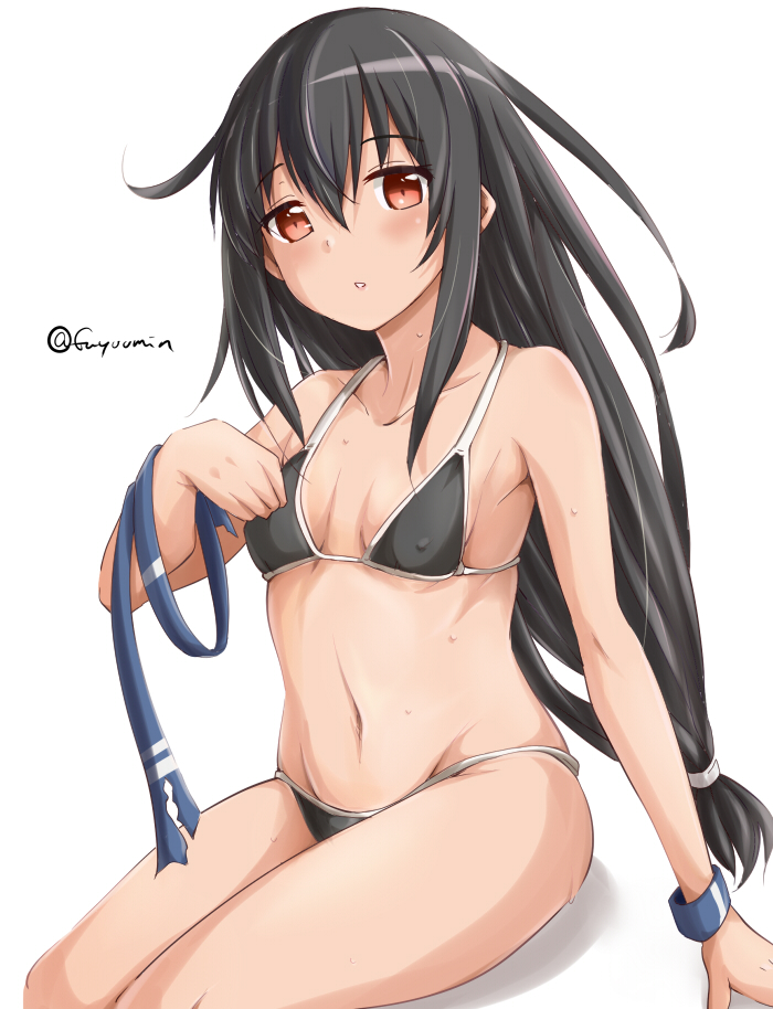 1girl :o bare_shoulders bikini black_bikini black_hair blush breasts collarbone fuyu_mi hair_between_eyes hatsushimo_(kantai_collection) headband_removed kantai_collection long_hair looking_at_viewer low-tied_long_hair navel red_eyes remodel_(kantai_collection) simple_background sitting small_breasts solo swimsuit twitter_username white_background wristband