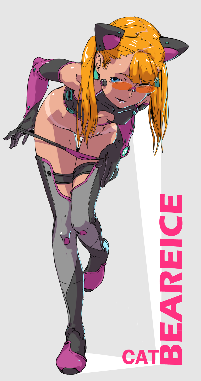 1girl bent_over black_gloves blonde_hair blue_eyes boots breasts elbow_gloves english full_body glasses gloves groin haikeb89 highres long_hair open_mouth original panties panty_pull small_breasts solo sunglasses tan tanline thigh-highs thigh_boots twintails underwear undressing