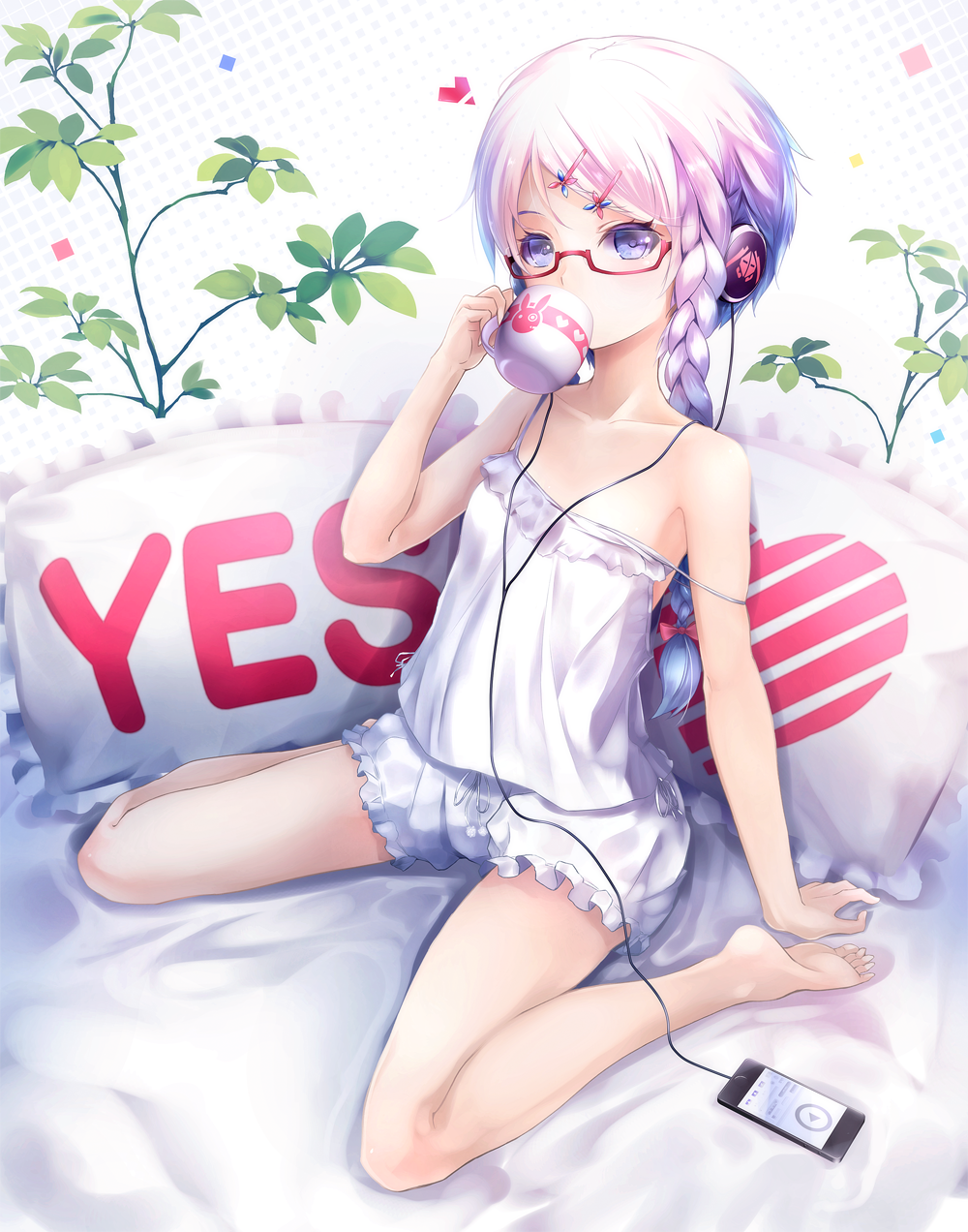 1girl ajigo alternate_hairstyle arm_support bare_arms bare_shoulders barefoot bed_sheet bloomers braid bunny_print cable camisole cellphone collarbone cup drinking flat_chest full_body glasses hair_ornament hairclip headphones heart highres holding holding_cup long_hair phone pillow plant red-framed_eyewear sitting smartphone solo strap_slip twin_braids underwear underwear_only violet_eyes vocaloid voiceroid wariza yes yes-no_pillow yuzuki_yukari