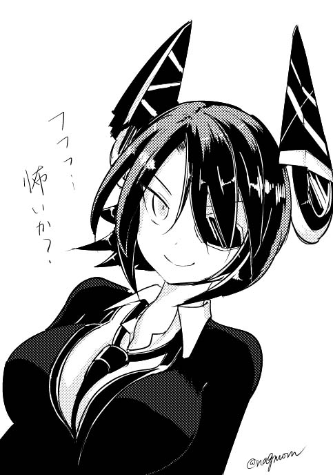 1girl artist_name breasts checkered checkered_necktie eyepatch headgear kantai_collection large_breasts looking_at_viewer mechanical_halo monochrome necktie short_hair simple_background solo taurine_8000mg tenryuu_(kantai_collection) translation_request white_background
