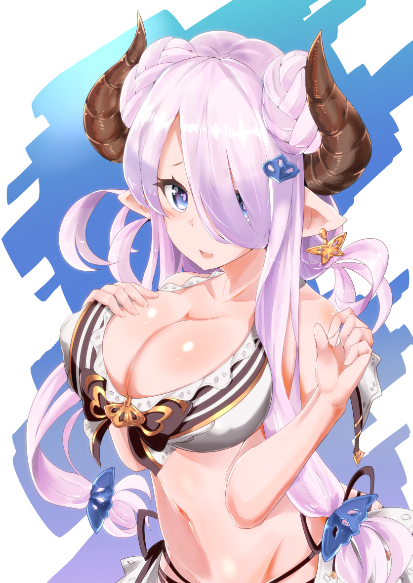 1girl bikini blue_eyes breast_suppress breasts butterfly_earrings cleavage collarbone doraf double_bun frilled_bikini frills granblue_fantasy groin hair_ornament hair_over_one_eye head_tilt horns long_hair looking_at_viewer narumeia_(granblue_fantasy) navel pointy_ears purple_hair rumiya9i solo swimsuit very_long_hair white_bikini