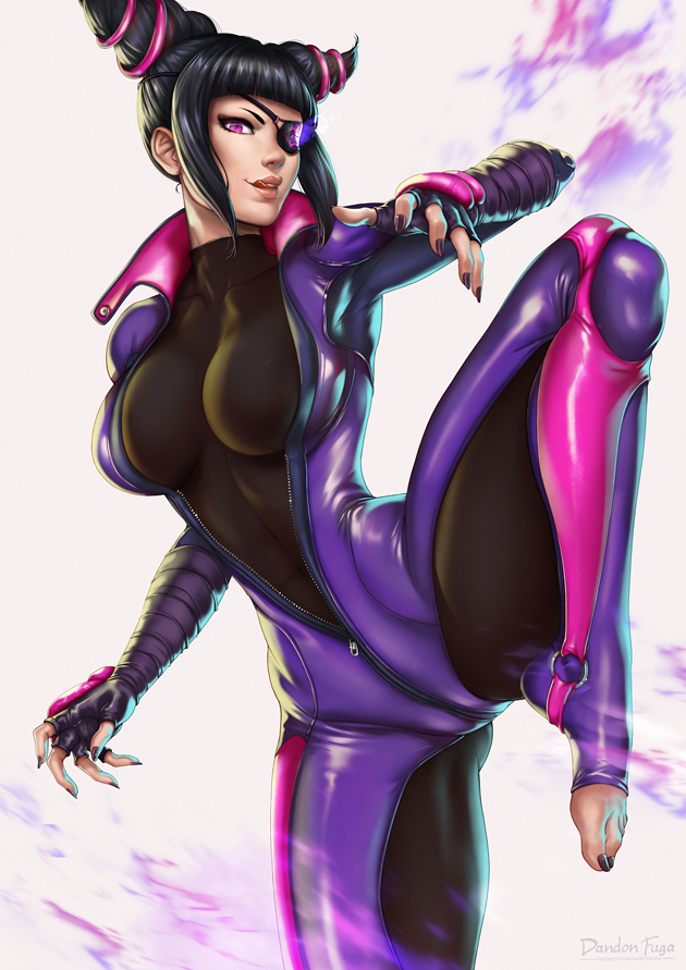 1girl barefoot biker_clothes bikesuit black_hair bodysuit breasts dandon_fuga eyepatch feet fighting_stance fingerless_gloves gloves han_juri leg_up licking_lips nail_polish solo street_fighter street_fighter_v toeless_legwear toenail_polish toes tongue tongue_out