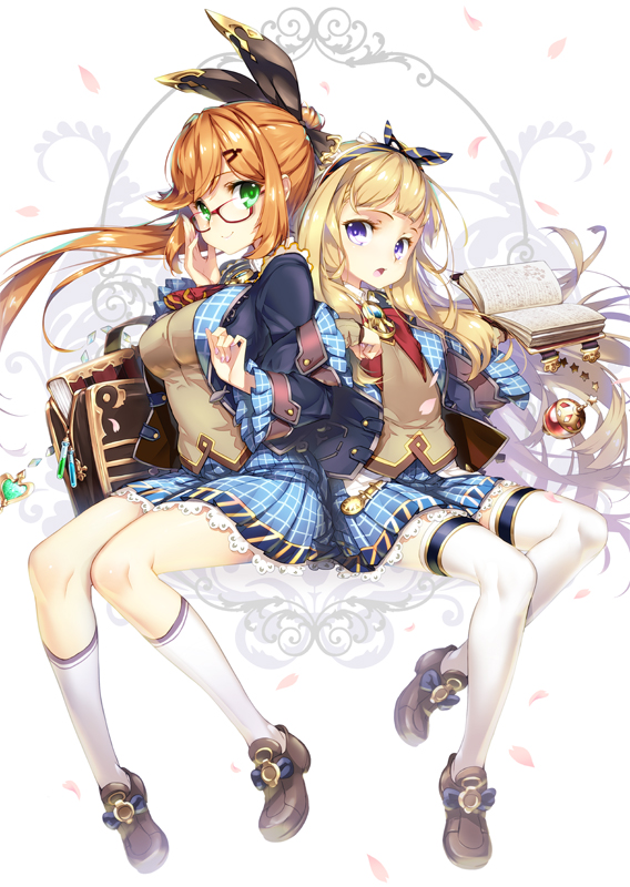 2girls :o adjusting_glasses bag bag_charm bangs belt black_ribbon blazer blonde_hair book breasts brown_hair brown_shoes cagliostro_(granblue_fantasy) clarisse_(granblue_fantasy) closed_mouth dress eyelashes flat_chest floating_hair frilled_sleeves frills gem glasses granblue_fantasy green_eyes hair_ornament hair_ribbon hairband hairclip heart hong_(white_spider) invisible_chair jacket kneehighs lace-trimmed_dress large_breasts liquid long_hair long_sleeves looking_at_viewer microdress multiple_girls open_blazer open_book open_clothes open_jacket patterned_background plaid plaid_dress ponytail red-framed_eyewear ribbon school_uniform shoes side-by-side sidelocks sitting smile star striped sweater_vest swept_bangs test_tube thigh-highs very_long_hair violet_eyes white_background wide_sleeves