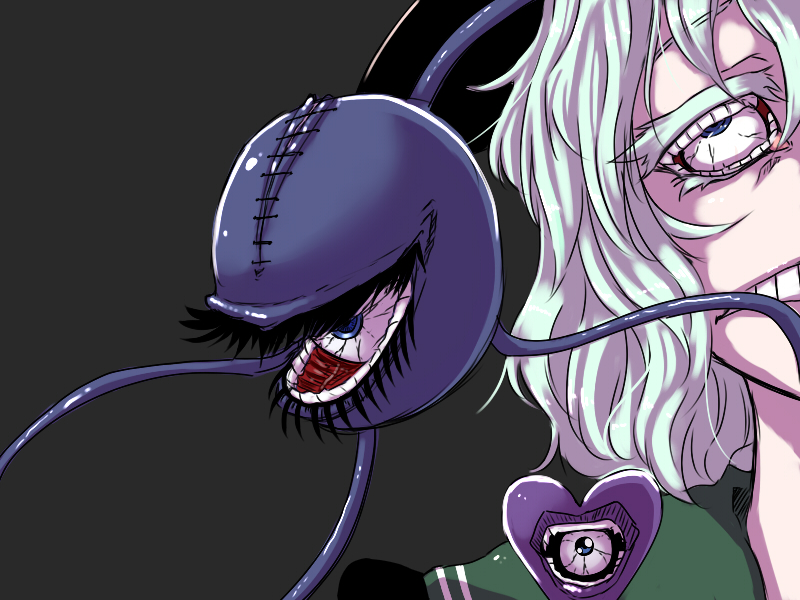 black_hat bloodshot_eyes blue_eyes commentary_request creepy creepy_eyes eyeball hat komeiji_koishi kuon_yashiro looking_at_viewer open_mouth out_of_frame short_hair silver_hair surreal teeth third_eye touhou upper_body