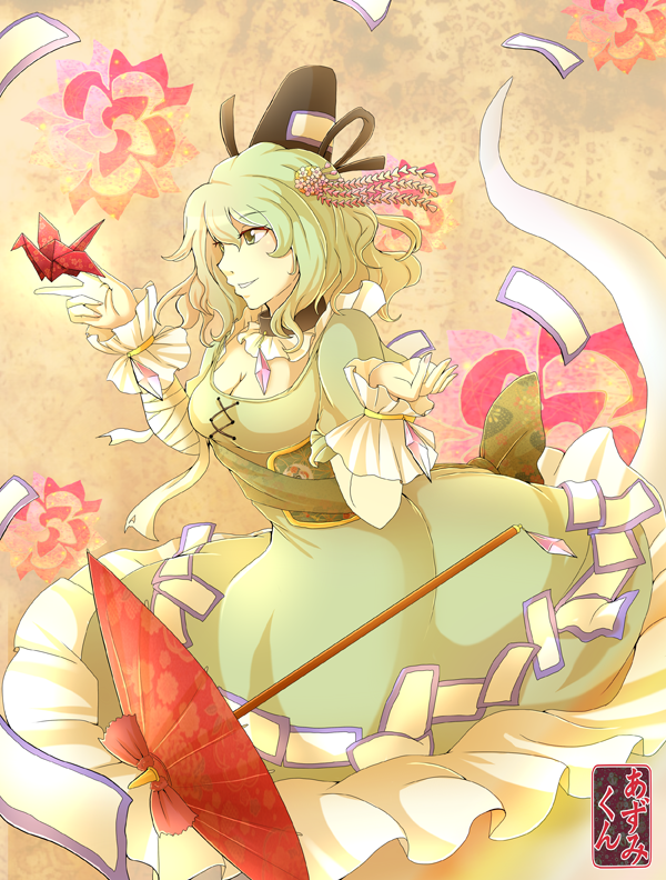 1girl adapted_costume azumi-kun bandaged_arm breasts brown_background cleavage collar detached_collar diamond dress floral_background floral_print flower ghost_tail green_dress green_eyes green_hair hair_flower hair_ornament hands_up hat jewelry medium_breasts ofuda open_hand oriental_umbrella origami paper_crane patterned_background pendant red_umbrella sash shiny shiny_hair short_hair smile soga_no_tojiko solo talismans tate_eboshi touhou umbrella v wrist_cuffs