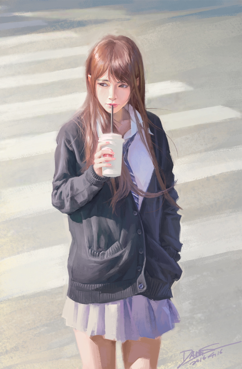 1girl 2016 arm_at_side arm_up artist_name black_jacket brown_hair buttons coffee collared_shirt cowboy_shot cup dannis dated day drinking drinking_straw grey_skirt hand_in_pocket highres holding holding_cup jacket lips long_hair long_sleeves looking_to_the_side necktie outdoors pleated_skirt realistic road shirt signature sitting skirt standing street unbuttoned white_shirt