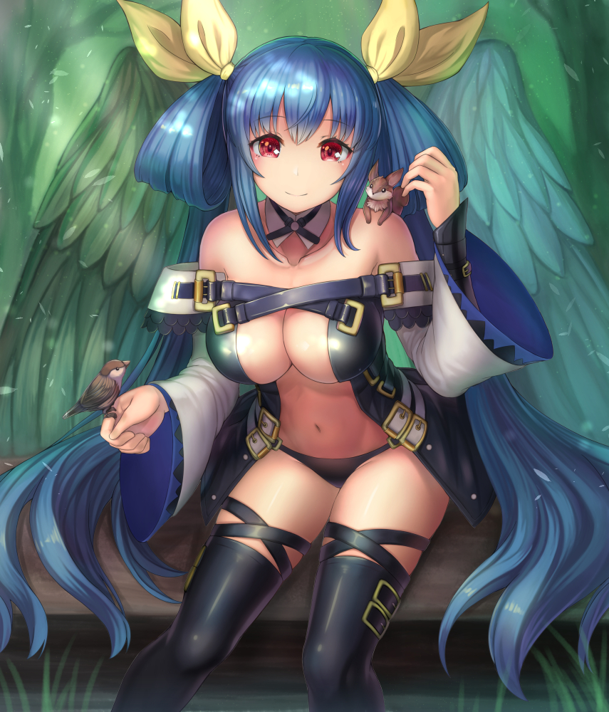 1girl :d animal animal_on_hand animal_on_shoulder asymmetrical_wings bangs bare_shoulders belt belt_buckle bird bird_on_hand black_legwear black_panties blue_hair blue_wings breasts buckle center_opening cleavage closed_mouth collarbone cross-laced_legwear detached_collar dizzy eyebrows eyebrows_visible_through_hair feathered_wings grass green_wings guilty_gear hair_ribbon hair_rings long_hair long_sleeves looking_at_viewer mizya navel open_mouth outstretched_hand panties petals red_eyes ribbon sitting smile stomach tail tail_ribbon thigh_strap tree twintails under_boob underwear very_long_hair wide_sleeves wings