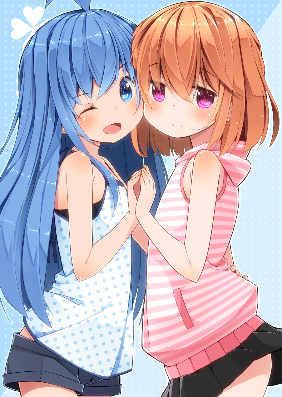 2girls ;d ahoge bare_shoulders black_shorts black_skirt blue_background blue_eyes blue_hair blue_shirt blush brown_hair camisole cheek-to-cheek closed_mouth eyebrows eyebrows_visible_through_hair fujiwara_gacho fuu-chan_(fujiwara_gacho) hair_between_eyes hand_on_another's_back head_tilt highres holding_hands hood hoodie long_hair looking_at_viewer multiple_girls one_eye_closed open_mouth original pink_eyes pleated_skirt polka_dot polka_dot_background polka_dot_shirt shirt shorts skirt sleeveless sleeveless_shirt smile sui_(fujiwara_gacho) very_long_hair