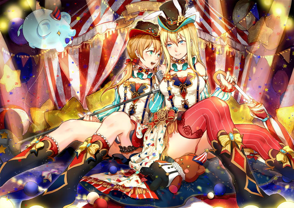 2girls :d alternate_costume animal_ears aqua_eyes ball balloon bangs bismarck_(kantai_collection) black_boots black_hat blonde_hair blue_eyes boots bow breasts candy circus closed_mouth closed_umbrella detached_sleeves diamond_(shape) eyebrows eyebrows_visible_through_hair fake_animal_ears flag frills fringe glowing green_eyes hair_between_eyes hair_bow hair_over_shoulder hat hat_with_ears holding holding_microphone holding_umbrella jewelry kantai_collection leg_garter long_hair long_sleeves looking_at_another low_twintails matching_outfit medium_breasts microphone microphone_stand miniskirt multiple_girls neck_ruff no.18 open_mouth panties pantyshot pantyshot_(sitting) pig prinz_eugen_(kantai_collection) rabbit_ears red_bow red_legwear red_panties rose_print sitting skirt smile sphere stage_lights star star_balloon star_print string_of_flags striped striped_legwear stuffed_animal stuffed_toy suspender_skirt suspenders teddy_bear tent thigh-highs triangle twintails umbrella underwear vertical-striped_legwear vertical_stripes vintage_microphone yellow_bow