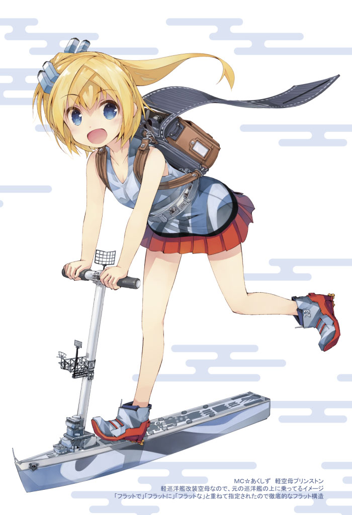 1girl :d anchor backpack bag bare_arms belt blonde_hair blue_eyes boots camouflage eyebrows eyebrows_visible_through_hair full_body hair_ornament kick_scooter leaning_forward long_hair looking_at_viewer nanaroku_(fortress76) one_leg_raised open_mouth original pleated_skirt ponytail radar shirt skirt sleeveless sleeveless_shirt smile solo text translation_request white_background