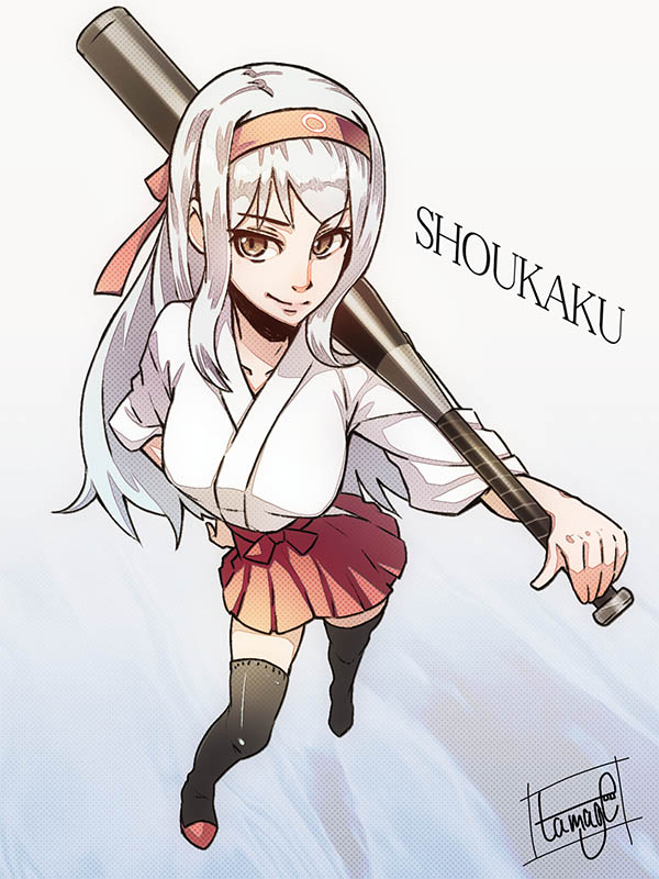 1girl artist_name bangs baseball_bat breasts carrying_over_shoulder commentary_request contrapposto from_above gradient gradient_background hachimaki hakama_lift hand_on_hip headband japanese_clothes kantai_collection large_breasts long_hair looking_at_viewer red_hakama shoukaku_(kantai_collection) sidelocks silver_hair sketch smile tamago_(yotsumi_works) thigh-highs yellow_eyes