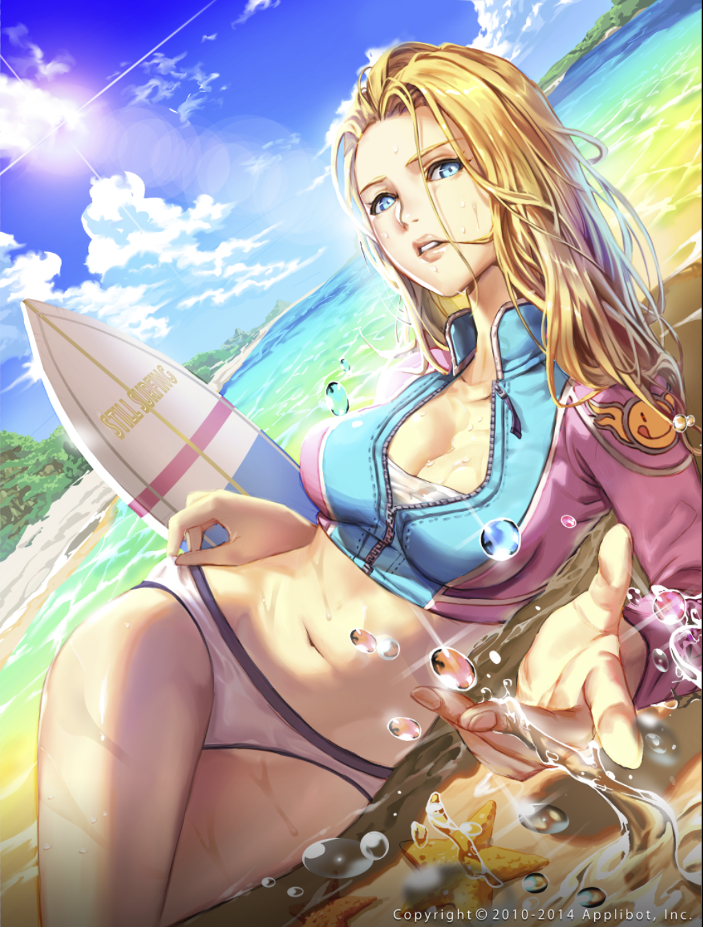 1girl beach blonde_hair blue_eyes breasts cleavage clouds collarbone dutch_angle forest hair_in_mouth highres looking_at_viewer lying nature navel on_side parted_lips partially_submerged redmoon sky solo splashing starfish sun surfboard swimsuit water wet