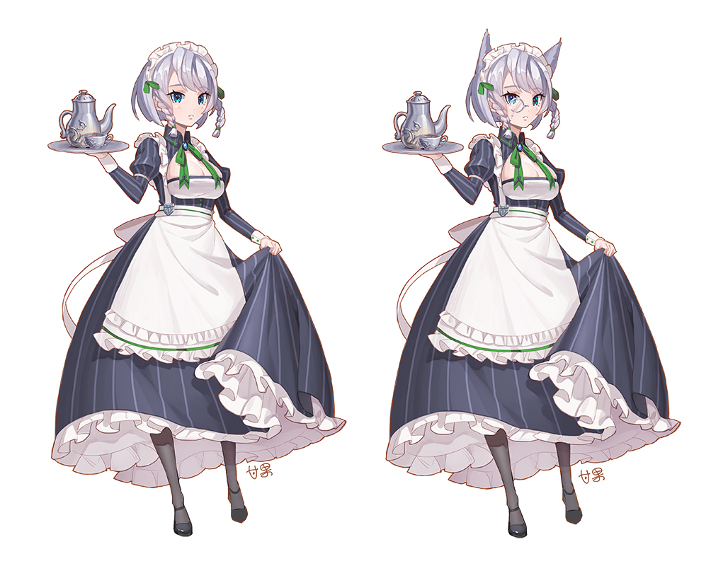 1girl alternate_costume animal_ears apron bespectacled black_legwear blue_eyes bow braid breasts cleavage cleavage_cutout cup dog_ears glasses hair_bow izayoi_sakuya kemonomimi_mode large_breasts long_sleeves looking_at_viewer maid maid_apron maid_headdress mio-muo1206 pantyhose puffy_sleeves silver_hair simple_background solo teacup teapot touhou tray twin_braids underbust waist_apron white_background