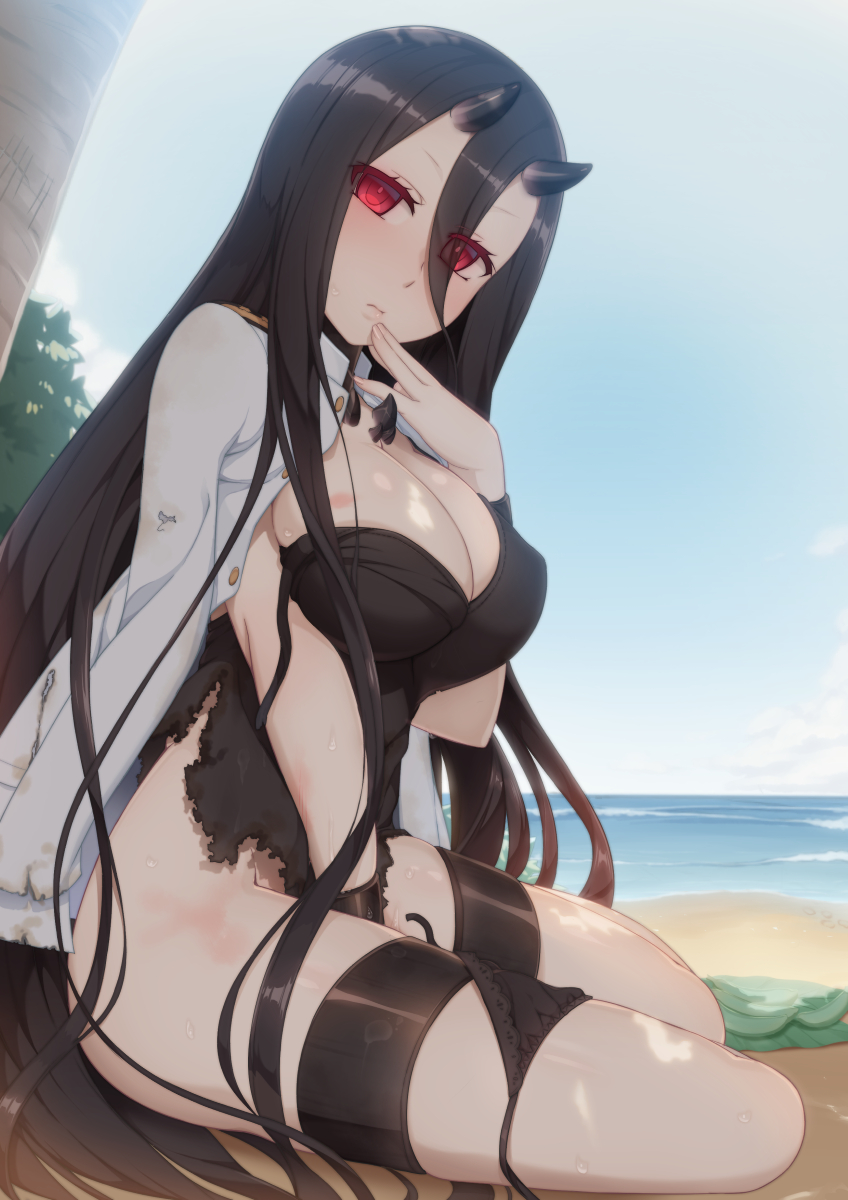 1girl battleship_hime beach black_dress black_hair black_panties breasts burnt_clothes colored_eyelashes dress eyes_visible_through_hair finger_to_mouth from_side hair_between_eyes highres horns kantai_collection large_breasts looking_at_viewer military military_uniform naval_uniform ocean oni_horns outdoors pale_skin palm_tree panties panties_around_one_leg panties_removed red_eyes serious shinkaisei-kan shiny shiny_skin side-tie_panties sitting solo tachimi_(basue) thighs torn_clothes torn_dress tree under_tree underwear uniform