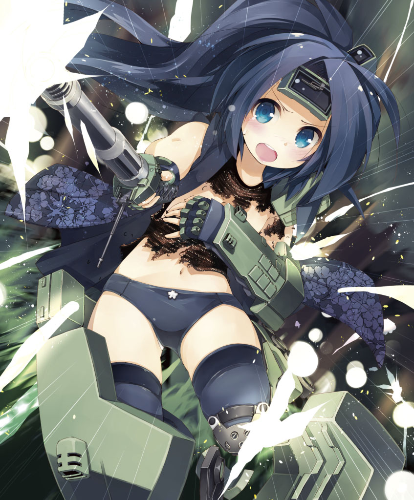 &gt;:o 1girl :o armor blue_eyes blue_hair blush cape covering covering_breasts fingerless_gloves firing floral_print forehead_protector gloves hair_ornament holding holding_weapon long_hair looking_at_viewer mecha_musume nanaroku_(fortress76) navel one_leg_raised open_mouth original panties ponytail solo sweatdrop teeth thigh-highs torn_clothes underwear weapon