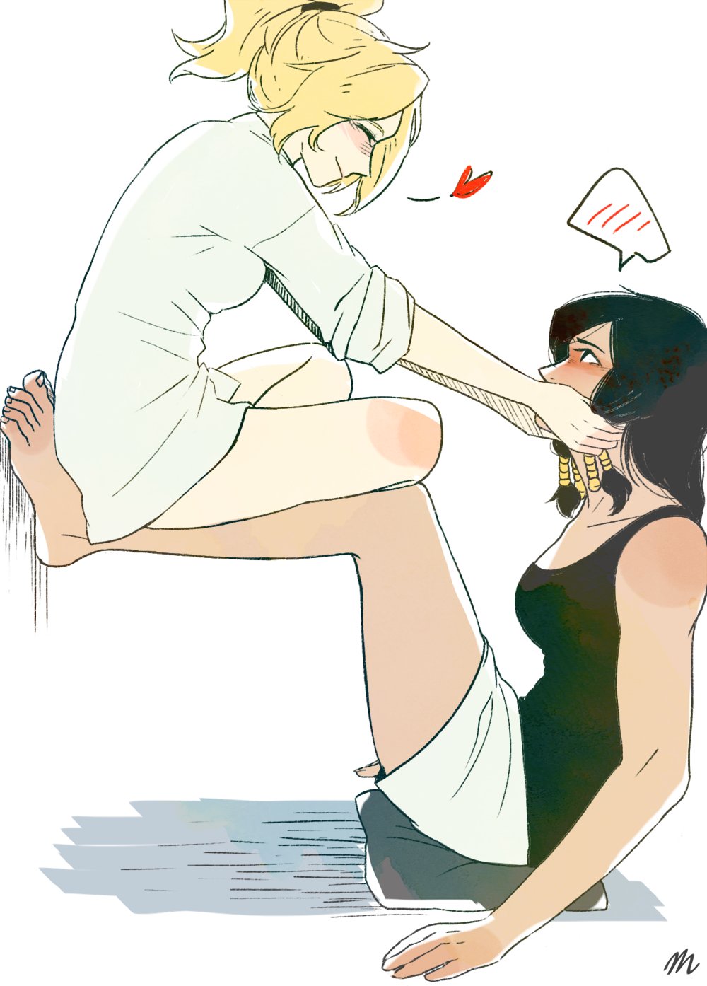 2girls arms_at_sides barefoot black_hair black_shirt blonde_hair blush braid brown_hair closed_eyes embarrassed hair_ornament hair_tie hair_tubes hands_on_another's_cheeks hands_on_another's_face heart highres indian_style looking_at_another mercy_(overwatch) multiple_girls overwatch pharah_(overwatch) shirt shirt_only short_sleeves shorts side_braids sidelocks signature simple_background sitting sleeveless sleeveless_shirt sleeves_pushed_up smile spoken_heart tank_top white_shirt yuri