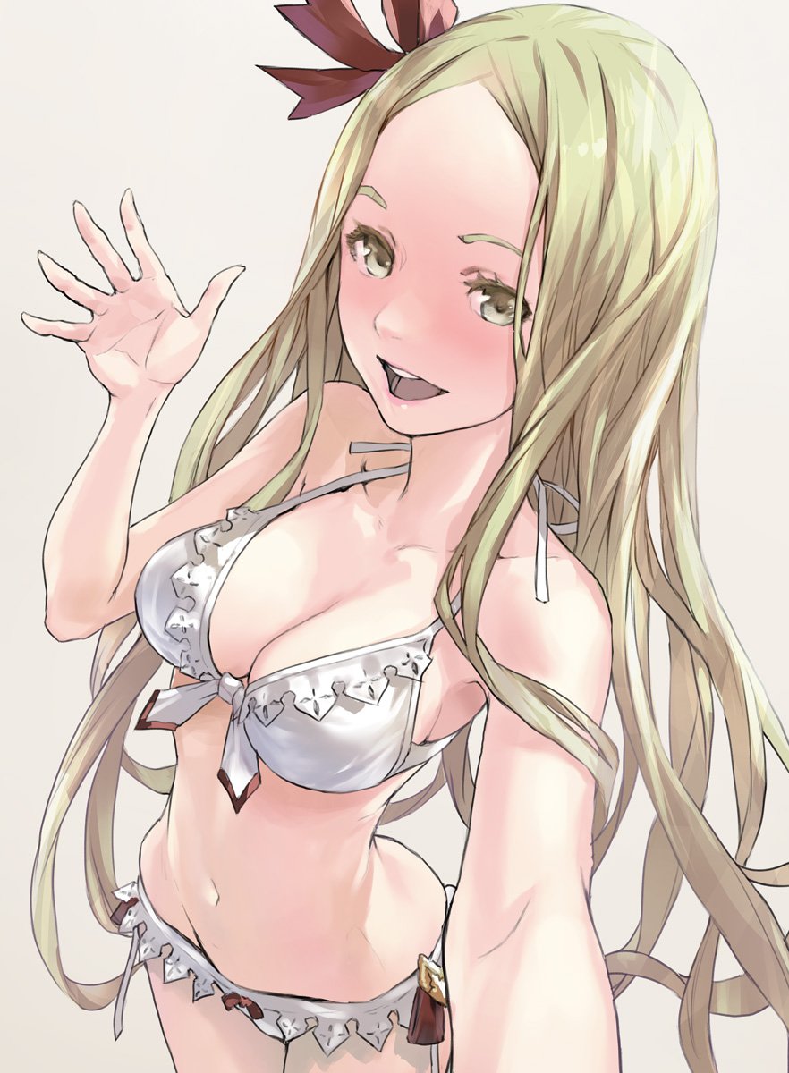 1girl bangs bikini blonde_hair blush breasts cleavage diola_(granblue_fantasy) forehead foreshortening from_above front-tie_bikini front-tie_top granblue_fantasy highres long_hair medium_breasts navel parted_bangs redjuice side-tie_bikini sidelocks simple_background smile solo swimsuit very_long_hair white_bikini yellow_eyes