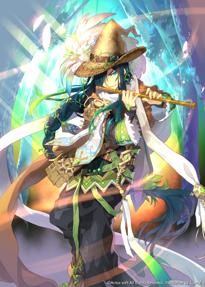 androgynous artist_name black_hair blue_eyes c.seryl flower flute hair_over_one_eye hat hat_flower instrument kaku-san-sei_million_arthur long_hair looking_at_viewer official_art standing straw_hat very_long_hair watermark