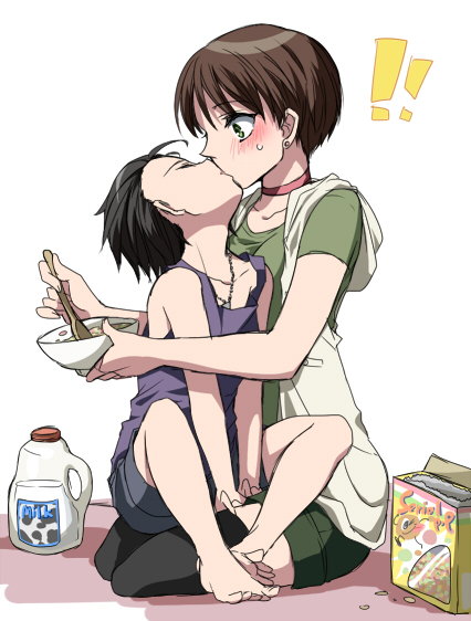 1boy 1girl billy_coen blush brown_hair cereal cereal_box choker food kiss myutsusama rebecca_chambers resident_evil resident_evil_0 short_hair shota sleeping straight_shota younger