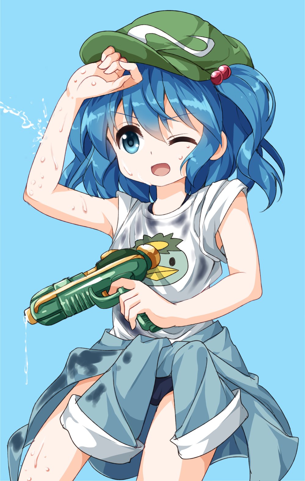 1girl blue_background blue_eyes blue_hair clothes_around_waist cowboy_shot gun hair_bobbles hair_ornament hand_to_head hand_up hat highres holding holding_gun holding_weapon jacket_around_waist kappa kawashiro_nitori one-piece_swimsuit one_eye_closed ruu_(tksymkw) shirt short_sleeves simple_background solo swimsuit swimsuit_under_clothes touhou two_side_up water water_drop water_gun weapon wet wet_clothes