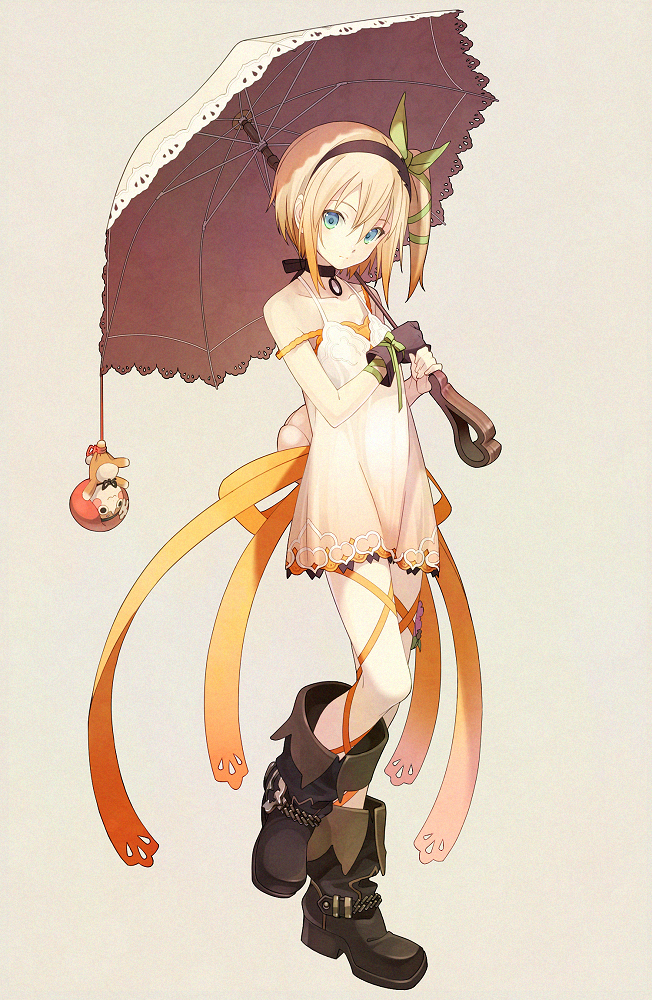 16_ban 1girl blonde_hair blue_eyes boots choker edna_(tales) full_body hair_ribbon hairband leg_ribbon normin_(tales) ribbon short_hair side_ponytail single_glove solo tales_of_(series) tales_of_zestiria umbrella