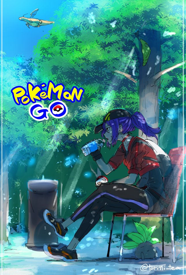 1girl backpack bag baseball_cap bottle chair choker commentary_request copyright_name cropped_jacket dragonite drinking female_protagonist_(pokemon_go) fingerless_gloves flying forest gloves hat holding holding_poke_ball leaf metapod nature oddish pants pants_under_skirt poke_ball pokemon pokemon_go ponytail purple_hair shirt shoes shorts sitting sneakers sweatdrop torichamaru tree twitter_username water_bottle wings yoga_pants