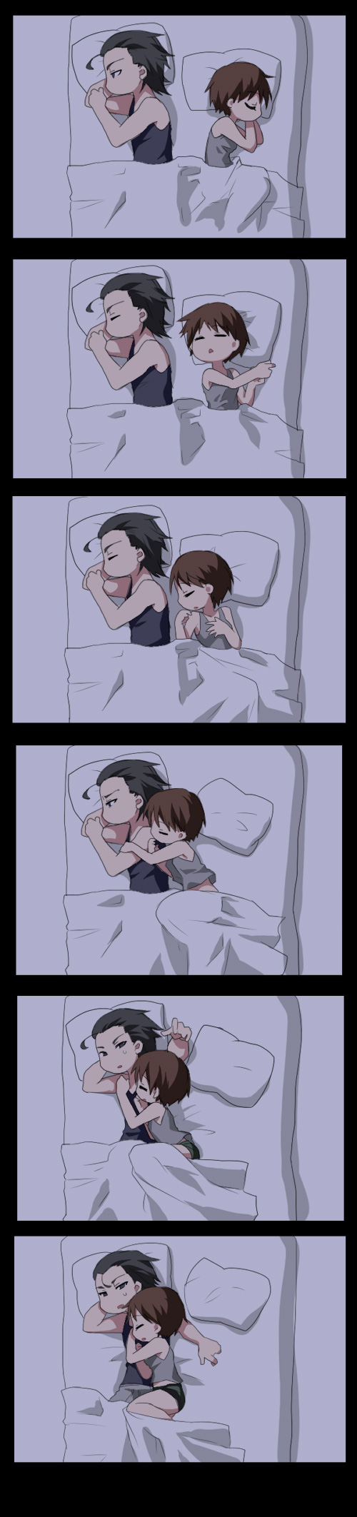 1boy 1girl bed billy_coen brown_hair highres long_image myutsusama rebecca_chambers resident_evil resident_evil_0 short_hair sleeping sleeveless tall_image under_covers